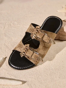 Tropiscape Ladies Plain Bat Buckle Decor Fashion Sandals, With Buckle Belt Inlaid Lightweight Flat Slippers, Non-Slip Summer Slides Cottagecore,SummerOutfit - Gold - View 5