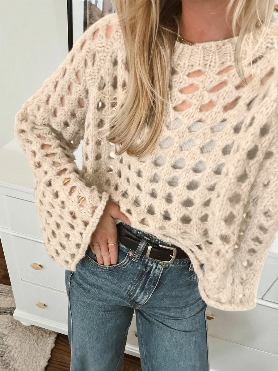 Cubierta de punto vintage calada para mujer, ajuste holgado, ligera y transparente, versátil para vacaciones y playa de verano - Beis - Ver 1