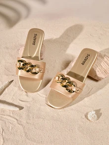 Tropiscape Sandalias de mujer con detalles de cadena en color dorado, cómodas y elegantes para uso en interiores y exteriores, estilo Cottagecore, atuendo de verano - Champán - Ver 1