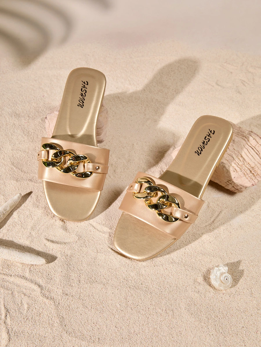 Tropiscape Sandalias de mujer con detalles de cadena en color dorado, cómodas y elegantes para uso en interiores y exteriores, estilo Cottagecore, atuendo de verano - Champán - Ver 1