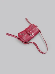 DareSee 时尚铆钉女式手提包、单肩包、腋下包、新月包、带腰带夹的机车包 - 酒紅色 - 查看 4