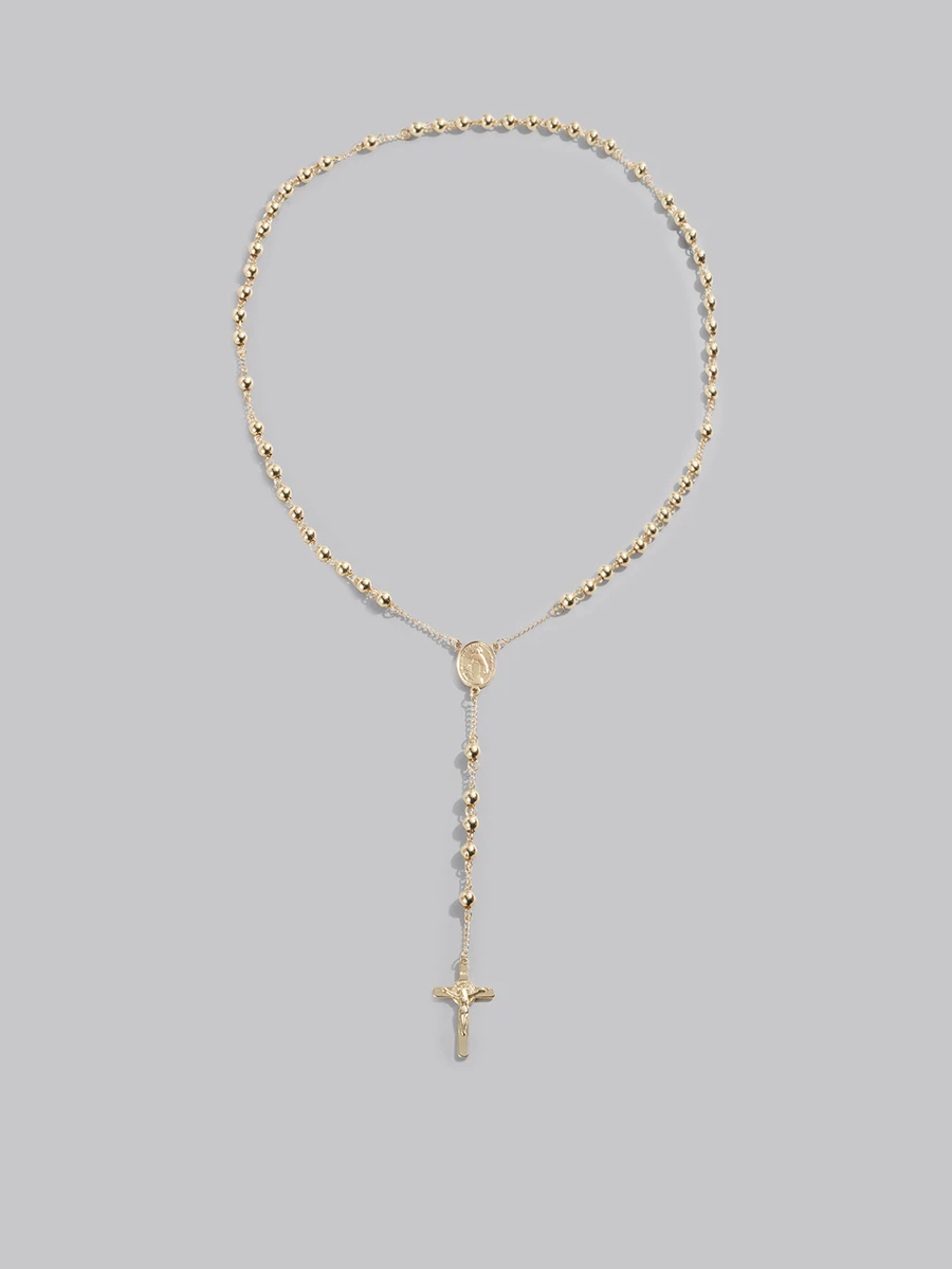 DareSee Stainless Steel Necklace For Women, Religious Christian Virgin Mary & Jesus Cross Pendant With Long Beaded Chain, Fashion Jewelry - Gold - View 1