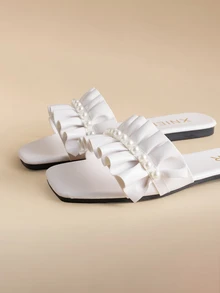 Glizzene 女士平底凉鞋，法式时尚圆头套脚拖鞋，2024新款夏季沙滩度假休闲拖鞋，情人节婚礼鞋 - 白色 - 查看 4