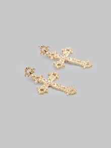 DareSee 1pair -Color Cross Shaped Zinc Alloy Earrings With Rhinestone Detail For Women, Party Gift Music Fest Halloween - Yellow Gold - View 3