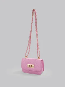 DareSee Mini Square Bag New Women Handbag, Rhombus Quilted High-Quality Shoulder Bag, Woven Chain Cover Flap Small Crossbody Lipstick Bag, Cute Accessories Bag , Pink - Pink - View 2