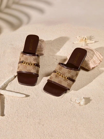 Tropiscape [Casual Flat Sandals] Women's Flat Sandals With Chain Buckle, Peep Toe, Slip-On, TPR Sole - Suitable For Beach