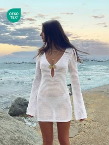 2026夏季新款女士性感深V领镂空喇叭袖沙滩度假音乐节波西米亚金属贝壳纽扣短款钩针罩衫裙 - 白色 - 查看 1