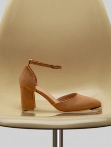 NobleVue Fashionable Hollow-Out Shoes For Spring & Autumn, Minimalist Commuting Shoes, Party Style Chunky Heel Shoes With Strap Buckle Design, Sexy & Comfortable Pointed Toe High Heels For Women, Elegant, Women Pumps, Elegant - Beige - View 4