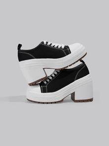 DareSee 女士休闲运动时尚户外高跟系带撞色学院风运动鞋，适合户外、居家、度假、大学、音乐节、海滩等各种场合，四季皆宜（两种鞋底随机发货）音乐节 - 黑色 - 查看 1