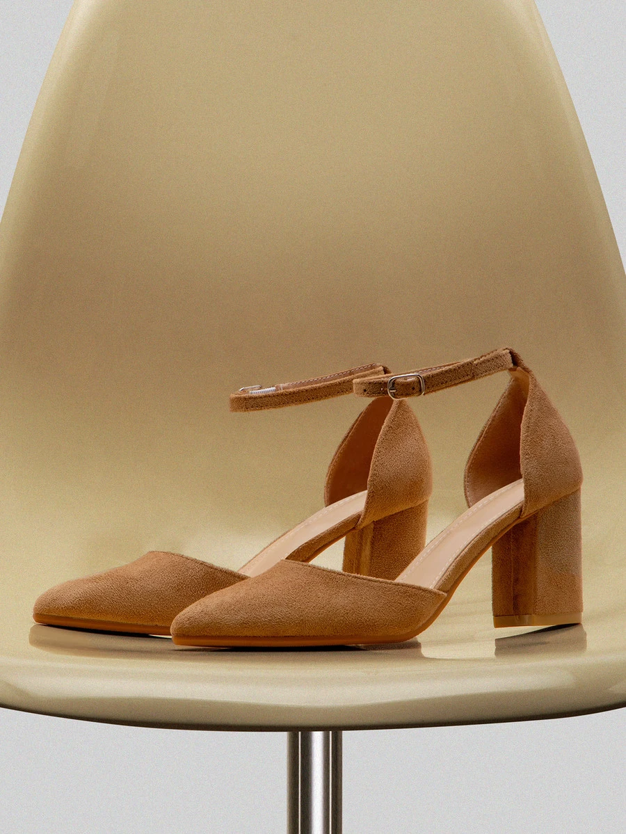 NobleVue Fashionable Hollow-Out Shoes For Spring & Autumn, Minimalist Commuting Shoes, Party Style Chunky Heel Shoes With Strap Buckle Design, Sexy & Comfortable Pointed Toe High Heels For Women, Elegant, Women Pumps, Elegant - Beige - View 1