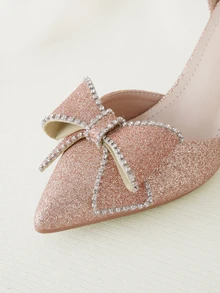 Clariva 女士时尚粗跟单扣水钻蝴蝶结婚礼派对尖头高跟鞋，舒适性感，春秋季，优雅，女士高跟鞋，优雅 - 玫瑰金 - 查看 2