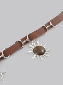 DareSee Malachite Star, Moon & Sun Shape Leather Patchwork Clavicle Necklace For Women, Fashionable European Style Versatile Delicate Sweet Elegant, Random Cat's Eye Pattern Delivery Music Fest - Brown - View 5