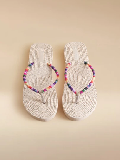 Glizzene 撞色人字拖，多色仿编织坡跟人字拖，女士款，度假婚礼完美之选