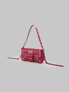 DareSee 时尚铆钉女式手提包、单肩包、腋下包、新月包、带腰带夹的机车包 - 酒紅色 - 查看 2