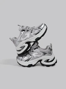 DareSee 女士厚底运动鞋，时尚轻便跑步网眼透气硫化鞋，适合 2025 年春秋季 - 銀色 - 查看 1