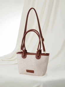 Clariva 2024新款女士编织肩背包，大容量海滩度假包，手提上班族女包 - 米色 - 查看 2