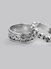 DareSee 4入組龐克風格骷髏頭和心形戒指套裝 - 復古銀色 - 查看 6