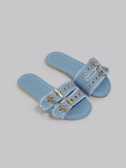 DareSee Women's Summer New Light Blue Fashion Versatile Tasseled Slides With Metal Buckle And Rivets, Casual Outdoor Vacation Beach Retro Boho Style Recommended By Influencers, Suitable For Dresses, French Style Flat Sandals