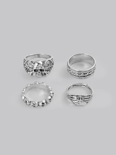 DareSee 4pcs/Set Punk Style Skull Head & Heart Shape Ring Set