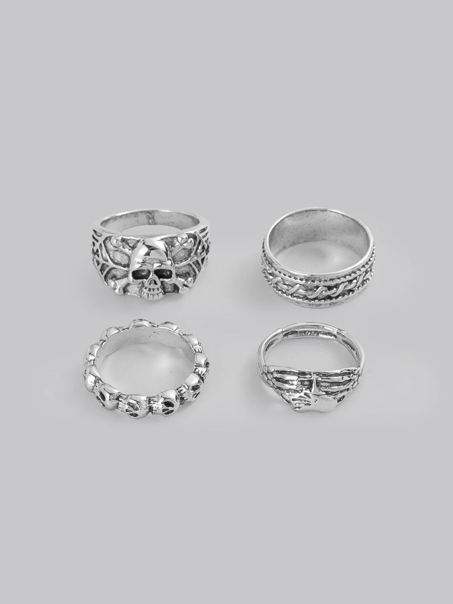 DareSee 4入組龐克風格骷髏頭和心形戒指套裝 - 復古銀色 - 查看 1