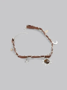 DareSee Malachite Star, Moon & Sun Shape Leather Patchwork Clavicle Necklace For Women, Fashionable European Style Versatile Delicate Sweet Elegant, Random Cat's Eye Pattern Delivery Music Fest - Brown - View 3