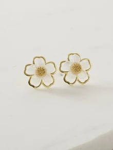 Clariva 1pair Fashionable And Versatile Small Flower Design Cubic Zirconia Women's Stud Earrings, Daily Accessory Valentines - Gold - View 1