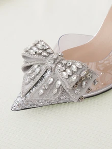 Clariva Fall/Winter 2025 Women's Pointed Toe High Heel Shoes With Rhinestone Bow Decoration, Back Strap, Perfect For Parties, Weddings, Spring And Summer, Silver PVC Glitter Shiny High Heels Valentines,Elegant,Women Pumps,Elegant,Party Outfits - Silver - View 3