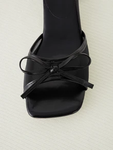 Clariva 夏季新款软皮方头凉鞋，网眼透气蝴蝶结粗跟凉鞋，百搭厚底拖鞋，女士黑色高跟鞋 - 黑色 - 查看 4