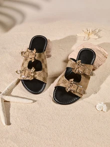 Tropiscape Ladies Plain Bat Buckle Decor Fashion Sandals, With Buckle Belt Inlaid Lightweight Flat Slippers, Non-Slip Summer Slides Cottagecore,SummerOutfit - Gold - View 1