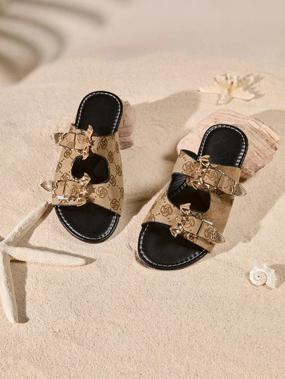 Tropiscape 女士纯色蝙蝠扣装饰时尚凉鞋，带扣腰带镶嵌轻便平底拖鞋，防滑夏季拖鞋