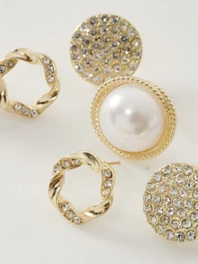 Clariva 3pairs Pearl Decor Stud Earrings - Yellow Gold - View 4