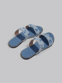 DareSee 2024年夏季女鞋布邊圓頭平底拖鞋，休閒沙灘懶人鞋 - 藍色 - 查看 5