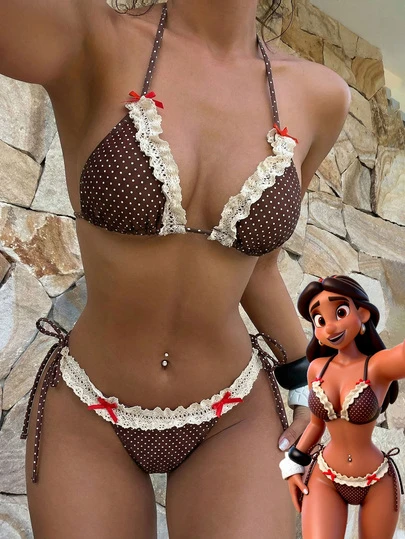 女士波点比基尼泳装，休闲波点蕾丝沙滩套装，夏季棕白波点时尚套装/外套/生日装/休闲/千禧年/2000年代/千禧年套装/优雅/复古/街头风/度假/音乐节泳池派对沙滩装 2026夏季
