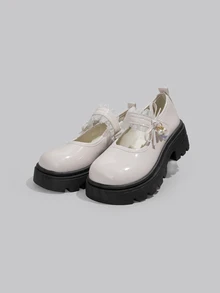 DareSee 女款厚底鬆糕樂福鞋/黑色扣環蝴蝶結小皮鞋，2025春季新款復古英倫風JK瑪麗珍鞋哥德風鞋/珍珠裝飾/低跟鞋/哥德風/粗底樂福鞋/女款平底樂福鞋 音樂節萬聖節 - 米色 - 查看 1