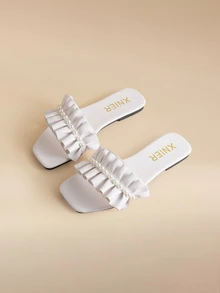 Glizzene 女士平底凉鞋，法式时尚圆头套脚拖鞋，2024新款夏季沙滩度假休闲拖鞋，情人节婚礼鞋 - 白色 - 查看 3