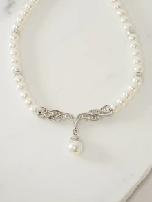 Clariva 手工串珠玻璃珍珠配水钻项链耳环套装 - 1 条项链和 1 对耳环，婚礼新娘首饰 - 銀色 - 查看 4