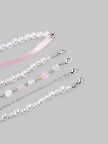 DareSee 5pcs/Set Cute Ballet Style Girl's Necklace, Pink Y2K Style Lovely Bow Tie Women's Necklace Set, Heart Pendant Clavicle Chain, Valentine's Day - Pink - View 3