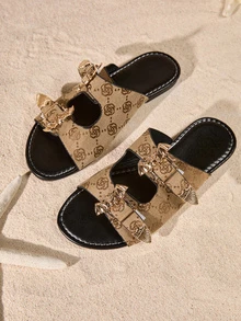 Tropiscape Ladies Plain Bat Buckle Decor Fashion Sandals, With Buckle Belt Inlaid Lightweight Flat Slippers, Non-Slip Summer Slides Cottagecore,SummerOutfit - Gold - View 3