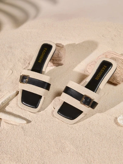 Tropiscape 女士平底方头防滑凉鞋，休闲百搭夏季露趾拖鞋，时尚腰带装饰，简洁大方，适合日常穿着、节庆、居家穿着