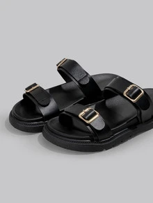 DareSee 女士简约拖鞋，海滩度假休闲露趾厚底鞋，舒适平底时尚凉鞋 - 黑色 - 查看 2