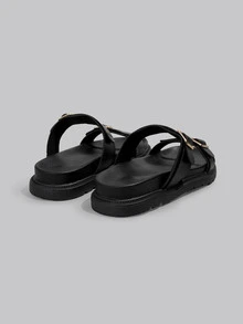 DareSee 女士简约拖鞋，海滩度假休闲露趾厚底鞋，舒适平底时尚凉鞋 - 黑色 - 查看 5