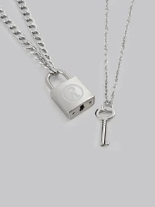 DareSee 2pcs Key Lock Necklace Set, Hiphop Style Alloy Silver Couple Necklaces, Suitable For Dating Gift - Silver - View 3
