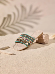 Tropiscape Green Summer Chain Embroidery Flat Sandals, Bohemian Style Beaded Vacation Party Slippers, Woven Directional Unfix Slides - Green - View 5