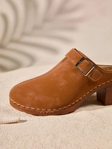 Tropiscape Giày mule thời trang nữ: Thiết kế gót chunky, phù hợp để phối cùng quần jeans/chân váy, trang trí khóa kiểu bohemian thanh lịch, phong cách cottagecore, trang phục mùa hè. - màu nâu - Xem 2