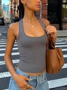 Short Solid Color Elastic Camisole, Casual Street Style, Suitable For Daily Wear Sports - Grey - View 3