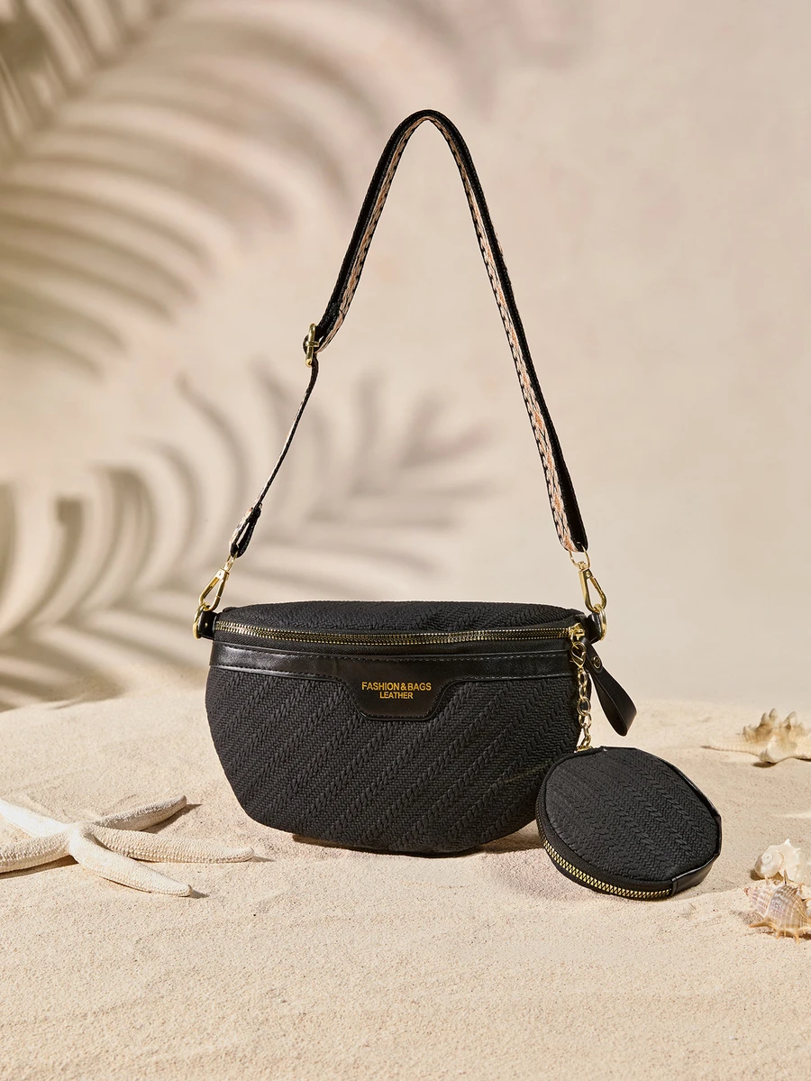 Tropiscape Modische Hüfttasche/Brusttasche, einfacher Stil Schülertasche, Rückkehr zur Schule Tasche, westliche Handtasche für Frauen, Boho-Stil Tasche für Frauen Cottagecore, Sommeroutfit - Schwarz - Übersicht 1