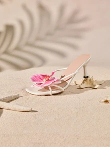 Tropiscape 法式方头优雅纯色度假时尚沙滩女神PU皮花卉装饰温柔女神度假风细高跟凉鞋，适合沙滩、度假、高跟凉鞋、女士凉鞋、婚礼、夏季、猫跟鞋 - 玫紅色 - 查看 4