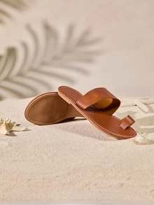 Tropiscape Women's Casual Flat Slippers With Toe Ring, Round Open Toe Anti-Slip Slides, Outdoor Beach Sandals Cottagecore,SummerOutfit - Brown - View 4