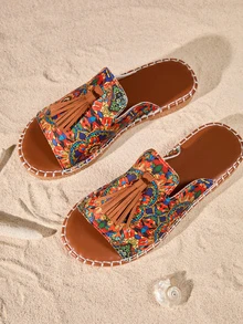 Tropiscape Women's Fringe Decor Flat Sandals, Beach Wet Water Slippers, Non-Slip Wear-Resistant Fashion Versatile Cottagecore,SummerOutfit - Multicolor - View 4