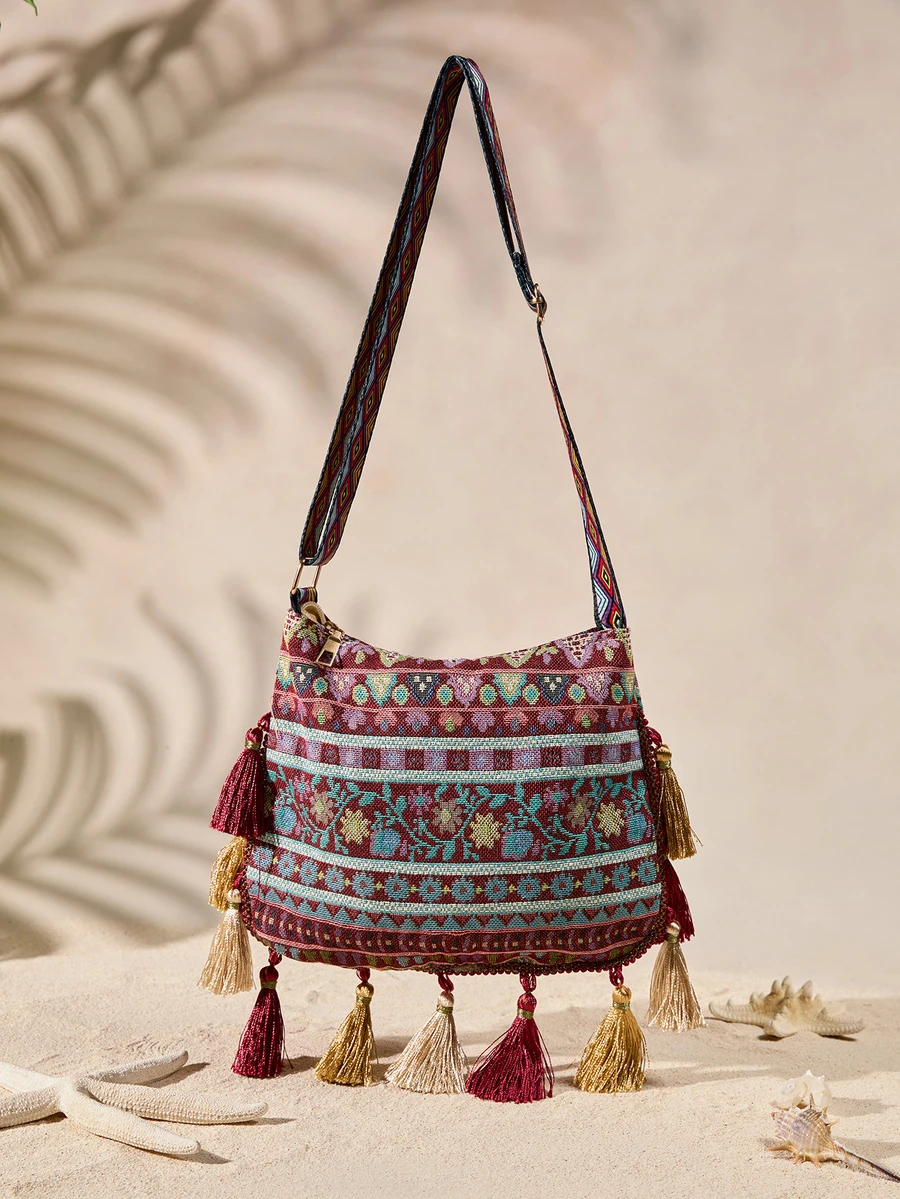 Tropiscape Large Capacity Fashionable Korean Style Tassel Casual Bag, 2025 New Multifunctional Shoulder Crossbody Handbag - Red - View 1